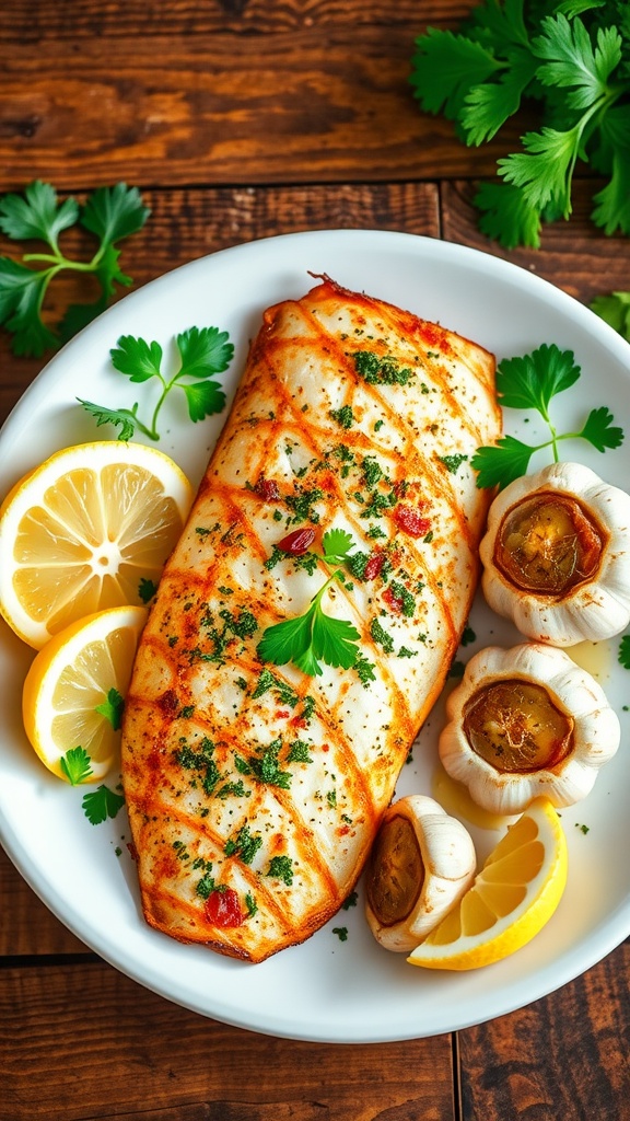 A plate of herb-infused tilapia garnished with parsley and lemon, served with roasted garlic on the side.
